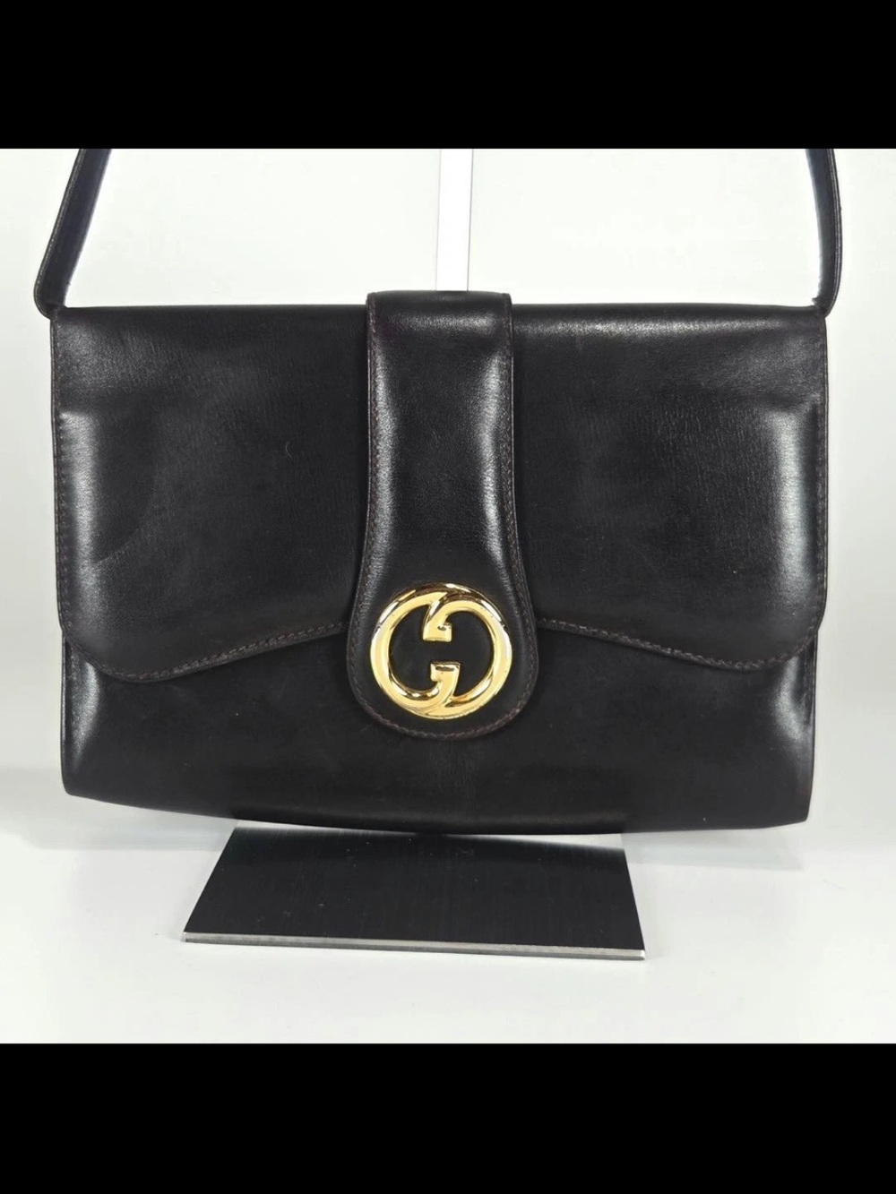 Gucci Black Leather Shoulder Bag with Gold Double G Accent